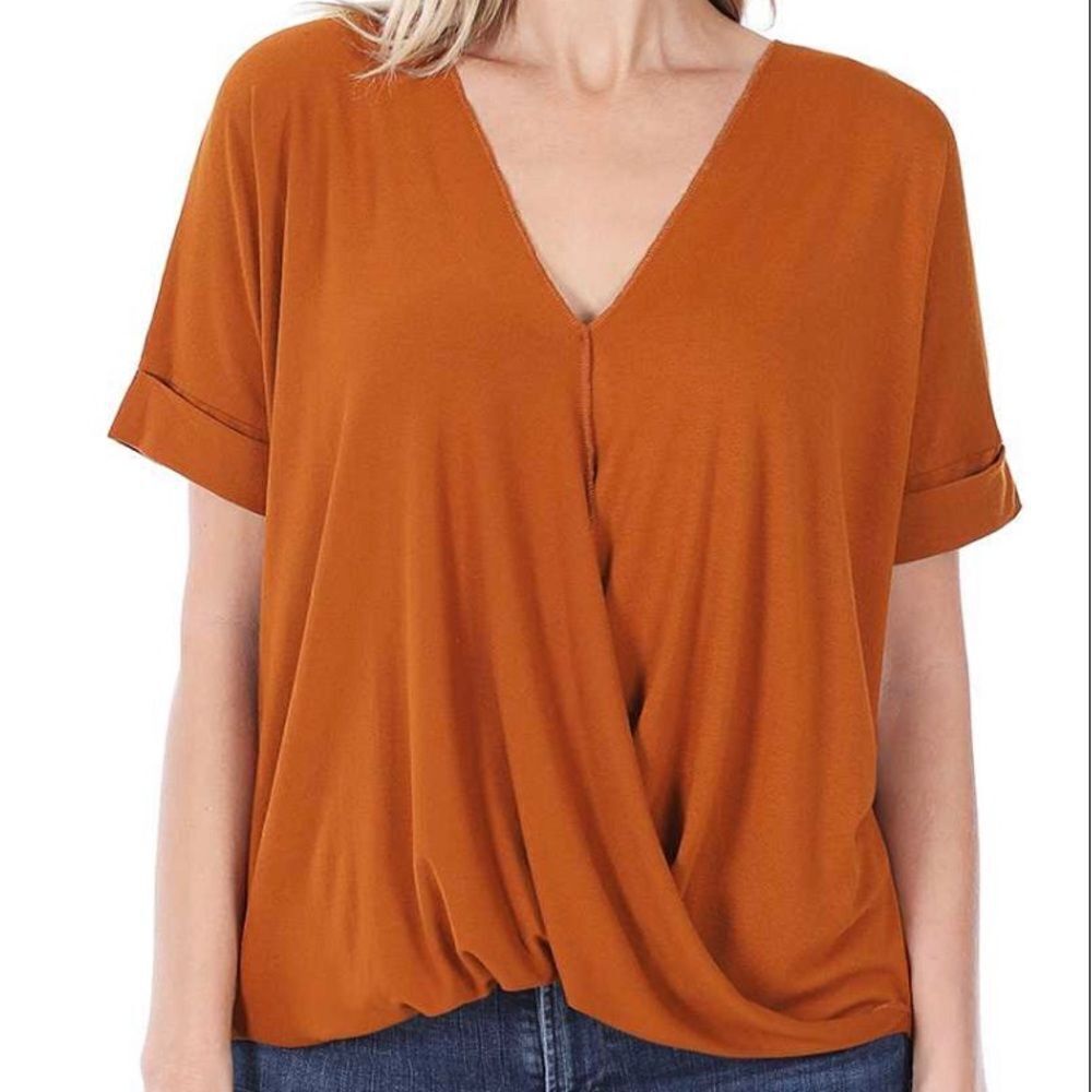 Rust colored T-shirt with draped front